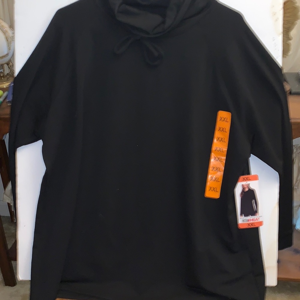 32•HEAT SWEATER WITH STRINGED COWL NECK. WONENS SIZE XXL. BLACK